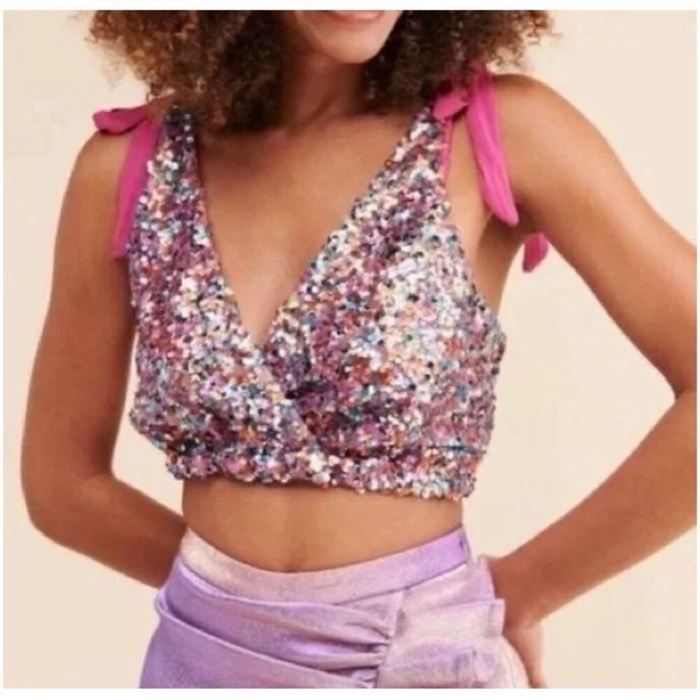 Free People Silver and Pink Sequin Crop Tank Top